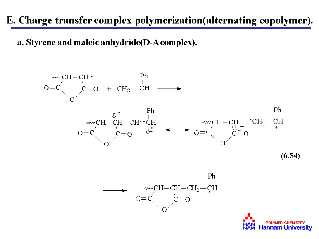 E. Charge transfer complex polymerization(alternating copolymer). a. Styrene and maleic anhydride(D-A complex).